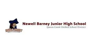 Logo of newell barney junior high school featuring a pirate mascot, with text "home of the buccaneers" in queen creek unified school district.