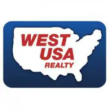 Logo of west usa realty featuring a white outline of the united states with "west usa realty" in red text overlaying the western region on a blue background.