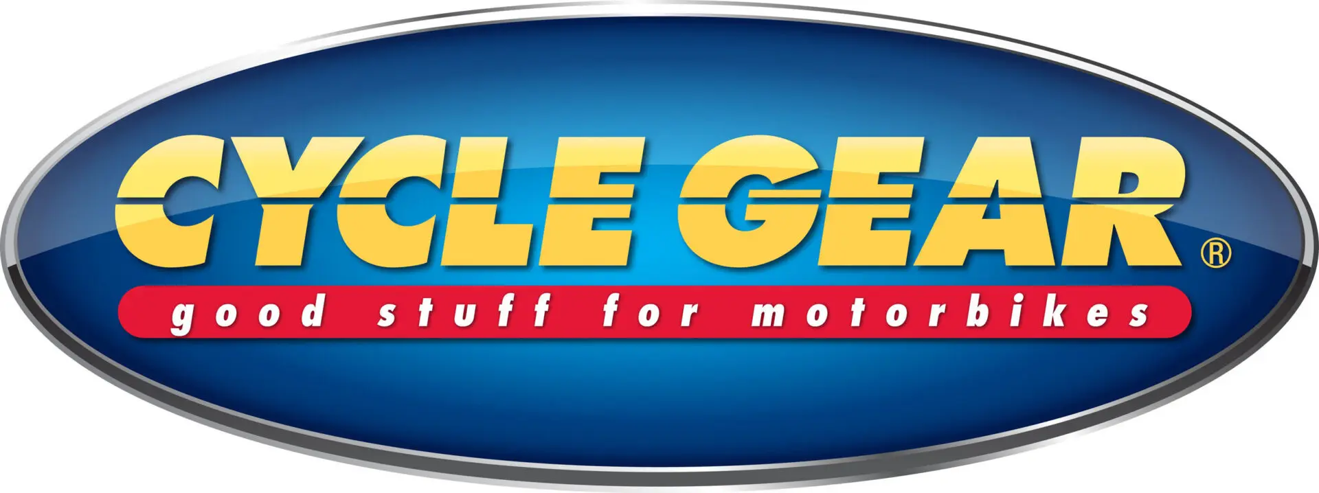 Logo of cycle gear, featuring the text "cycle gear" in bold yellow on a blue oval background with the tagline "good stuff for motorbikes" below.