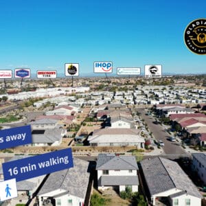 Aerial view of a suburban neighborhood with overlaid logos of nearby restaurants and walking distance information for Victoria Library.