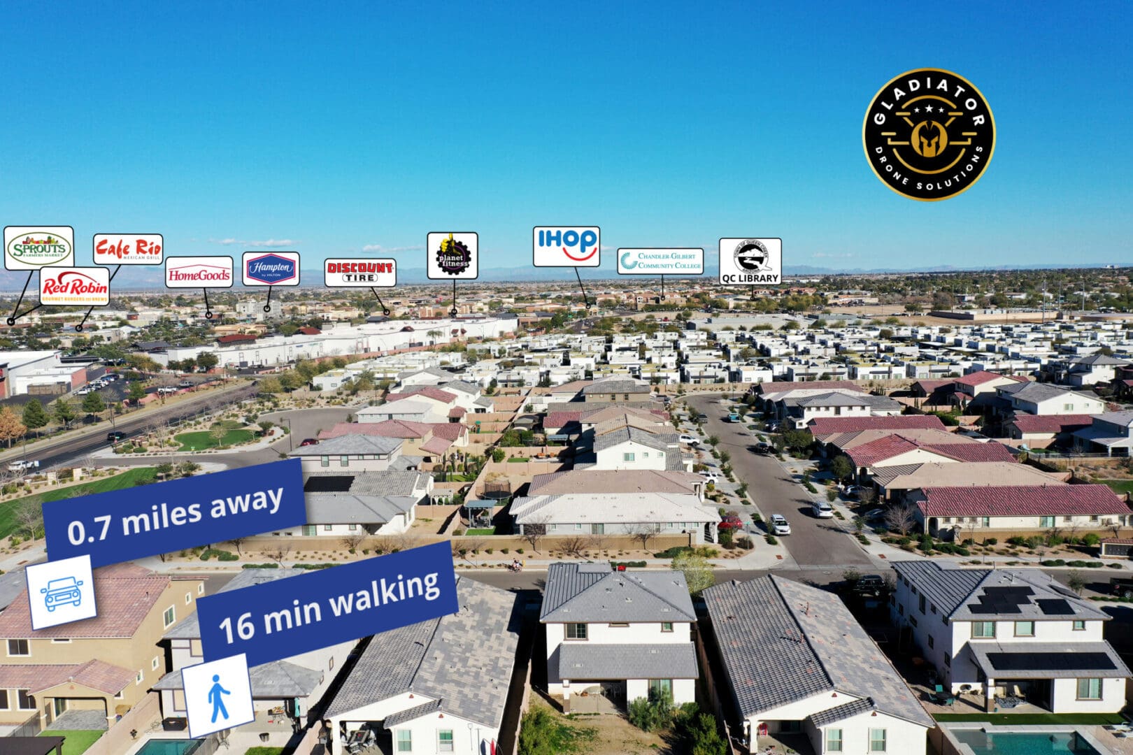 Aerial view of a suburban neighborhood with overlaid logos of nearby restaurants and walking distance information for Victoria Library.