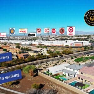 Aerial view of a suburban area with overlaid icons and text indicating the nearby presence of Victoria Shopping stores and restaurants, shown with distance and walking time.