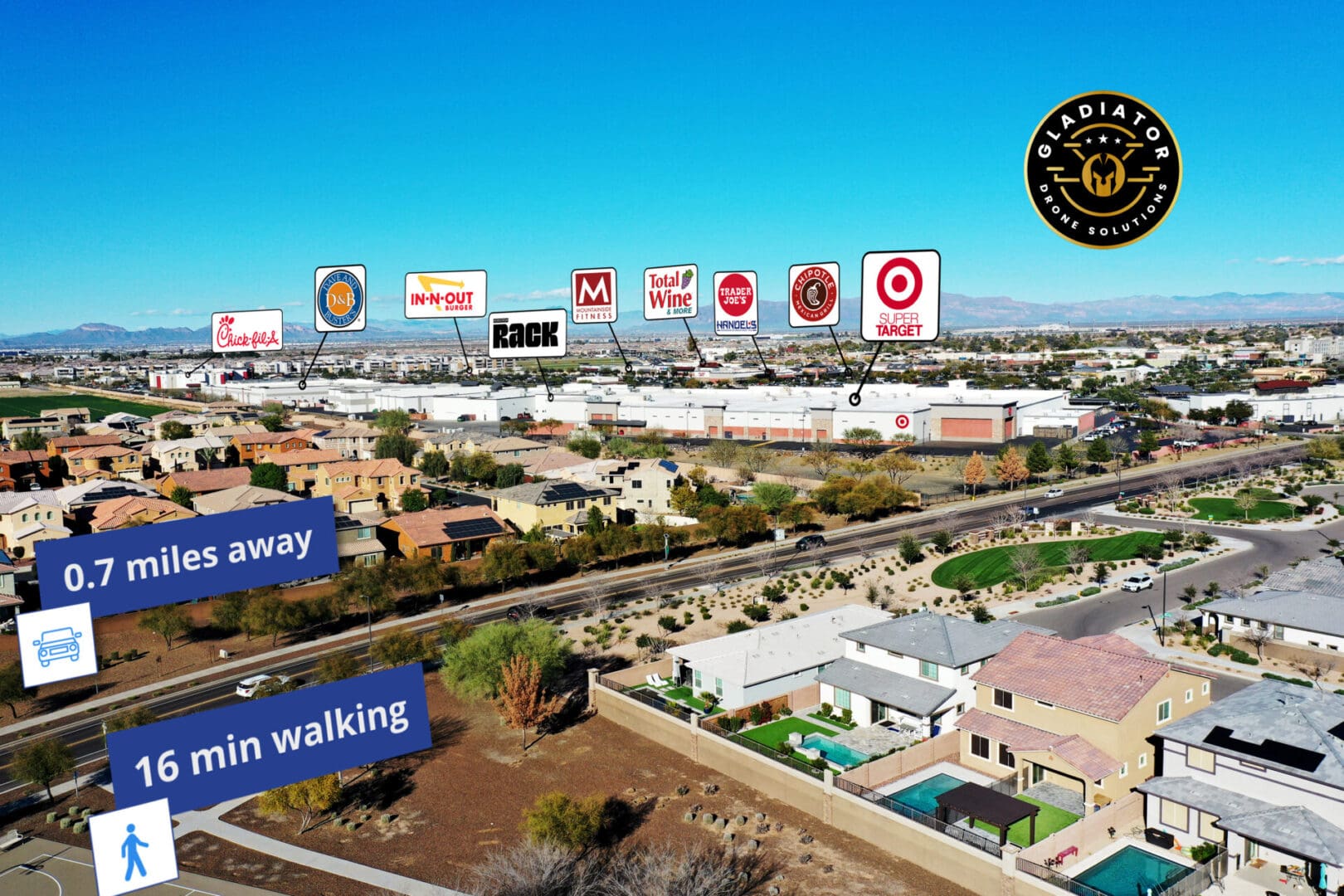 Aerial view of a suburban area with overlaid icons and text indicating the nearby presence of Victoria Shopping stores and restaurants, shown with distance and walking time.