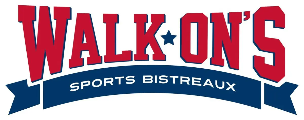 Logo of walk-on's sports bistreaux featuring red and blue text with a star and a curved banner.